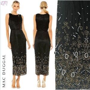 Mac Duggal 5796 High‎ Neck Embellished Column Dress 8 Black Cocktail Gold Pearl